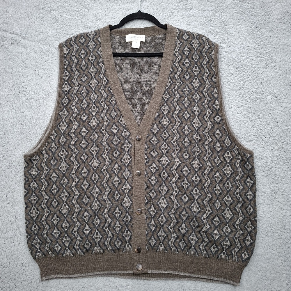 Vtg Italian Wool Blend Button Up Sweater Vest Mens XL Brown Geometric Fair Isle